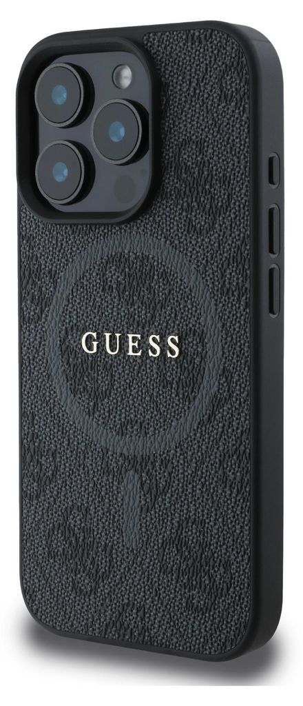 A black iPhone case with the Guess logo.