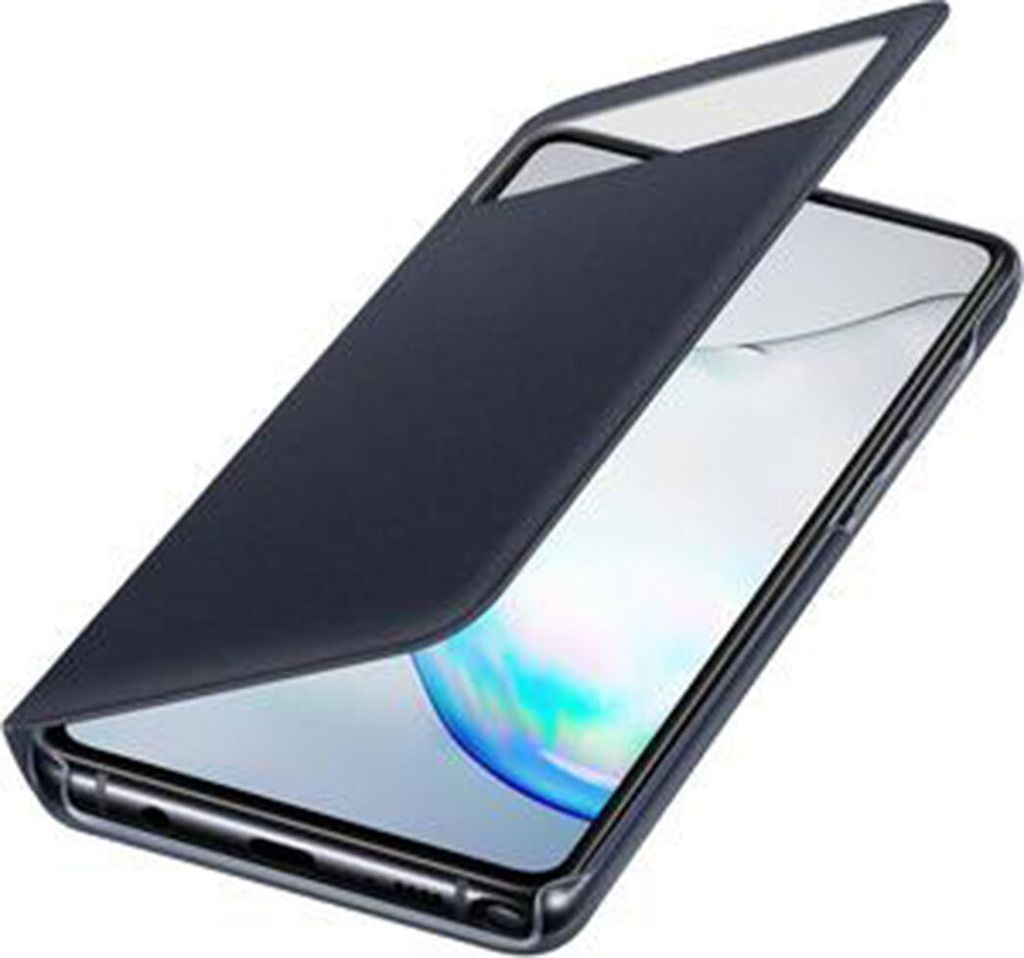 A black book-style phone case is shown partially covering a smartphone.