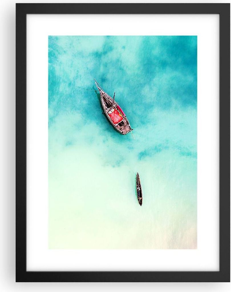 Gerahmtes Poster - Schwarzer Rahmen - Insel Boot Schiff Ozean - 30x40 cm - Wand Bild - Wanddeko - Wandbilder - Wandposter - Bilderrahmen - Bilder -...
