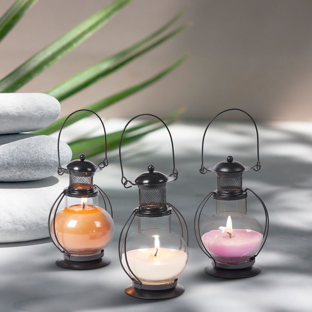 MARRAKESCH 3er Set Orientalische Laterne mit Vanille Rose Lavendel Duftkerze im Glas 14cm Vintage Deko Windlicht mit Duft