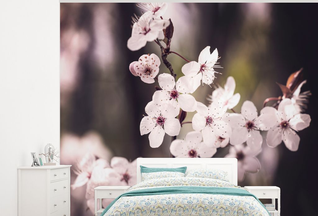 MuchoWow Fototapete für Wohnzimmer oder Schlafzimmer Wandtapete Vinyl Motivtapete Blumen - Weiß - Natur - Pflanze - Blüte - 300x240 cm - Fotot...