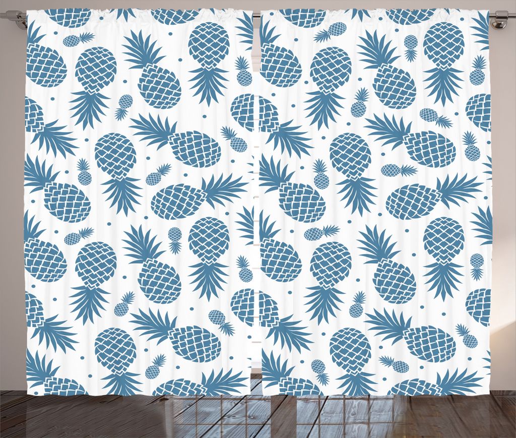 ABAKUHAUS Blau Rustikaler Vorhang, Tropische Frucht Ananas, Wohnzimmer Universalband Gardinen mit Schlaufen und Haken, 280 x 225 cm, Blau Weiss