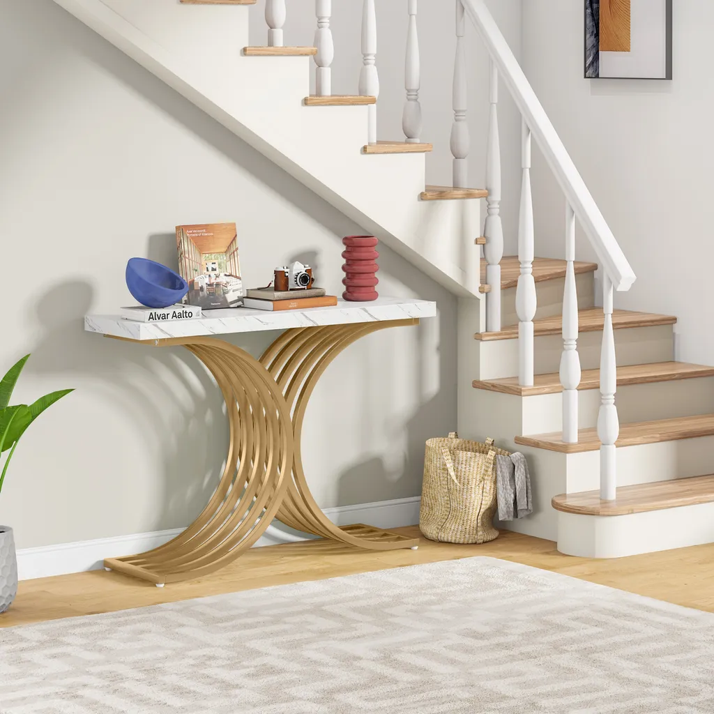 Console étroite pour gain de place, table d'appoint stable blanc et or