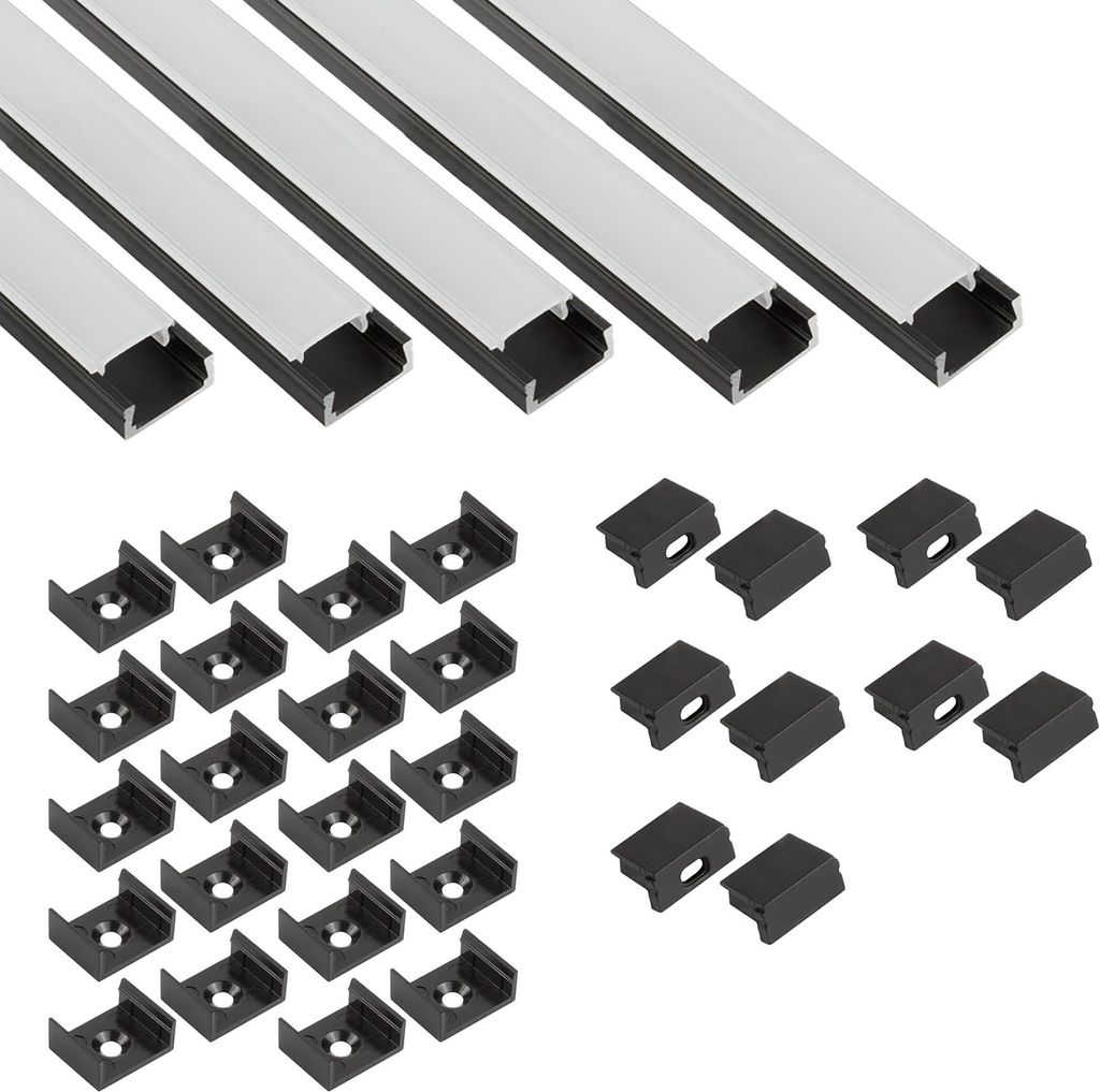 5x A15 LED Profil 2m - Schwarz inkl. Abdeckung milky, Halter & Endkappen