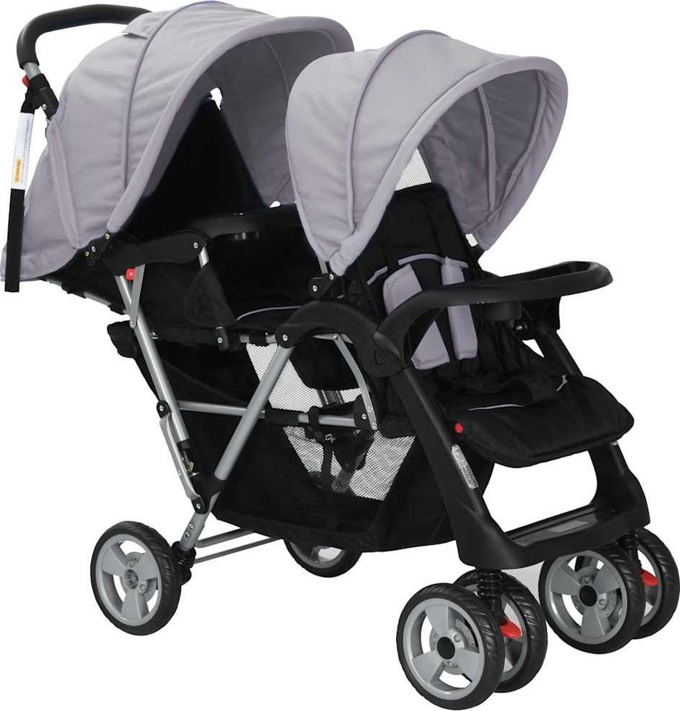 A tandem stroller with two seats, shown from the front-left.