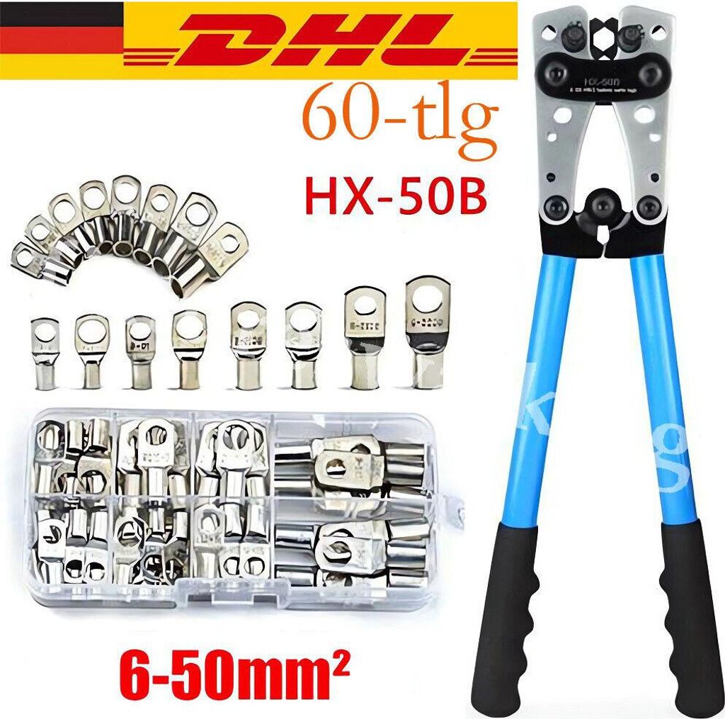 60x Batterie Kabelschuh Sortiment 6-50mm² Crimpzange Rohrkabelschuhe Zangen Set