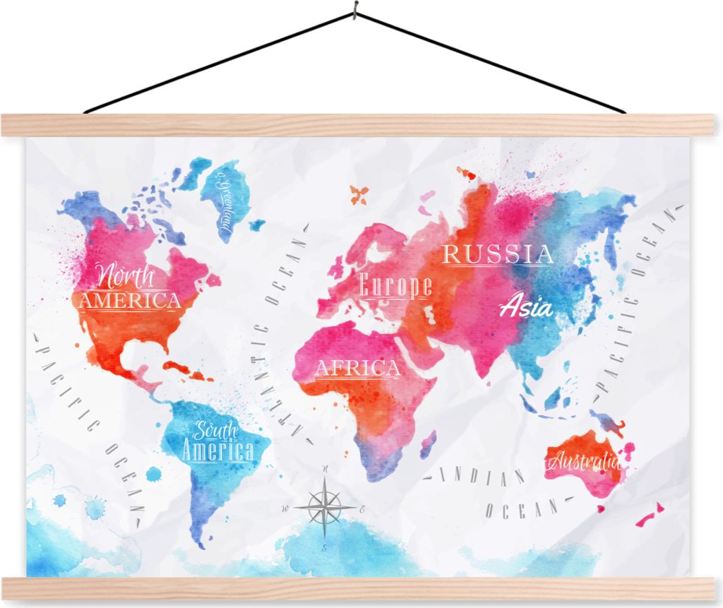 MuchoWow Textilposter Farben - Karte - Windrose 60x40 cm mit holzfarbenen Rahmen - Bilder