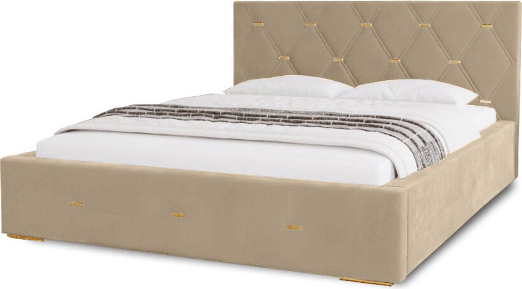 Polsterbett Golden Premium 140x200 cm, Bett mit Kopfteil, Doppelbett mit Bettkasten, Matratze und Lattenrost aus Holz, Velourstoff: Creme