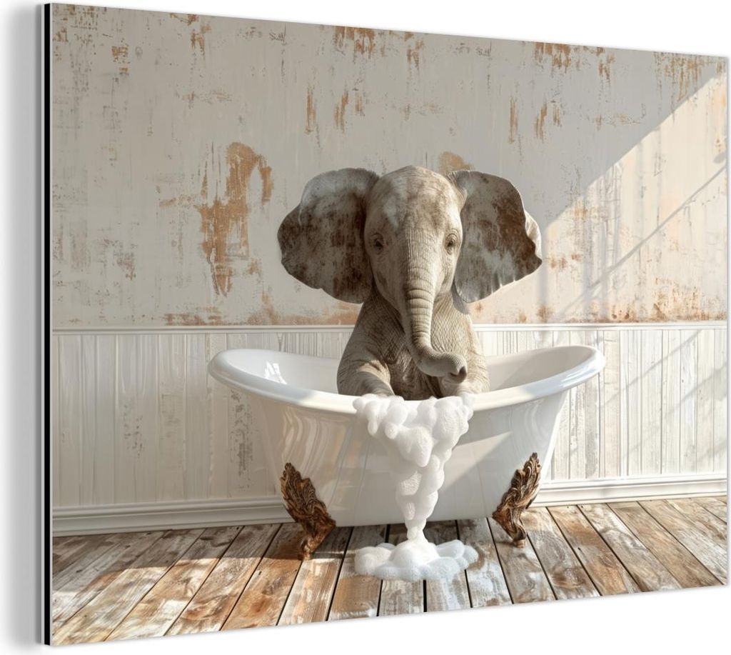 MuchoWow Wanddekoration Metall Metallbild Wandkunst 60x40 cm Vintage - Elefant - Badewanne - Schaumstoff - Wildlife MuchoWow Aluminium Gemälde - G...