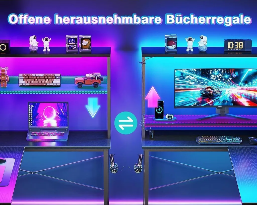 Grand bureau informatique en L avec éclairage LED et prises USB intégrées - 4
