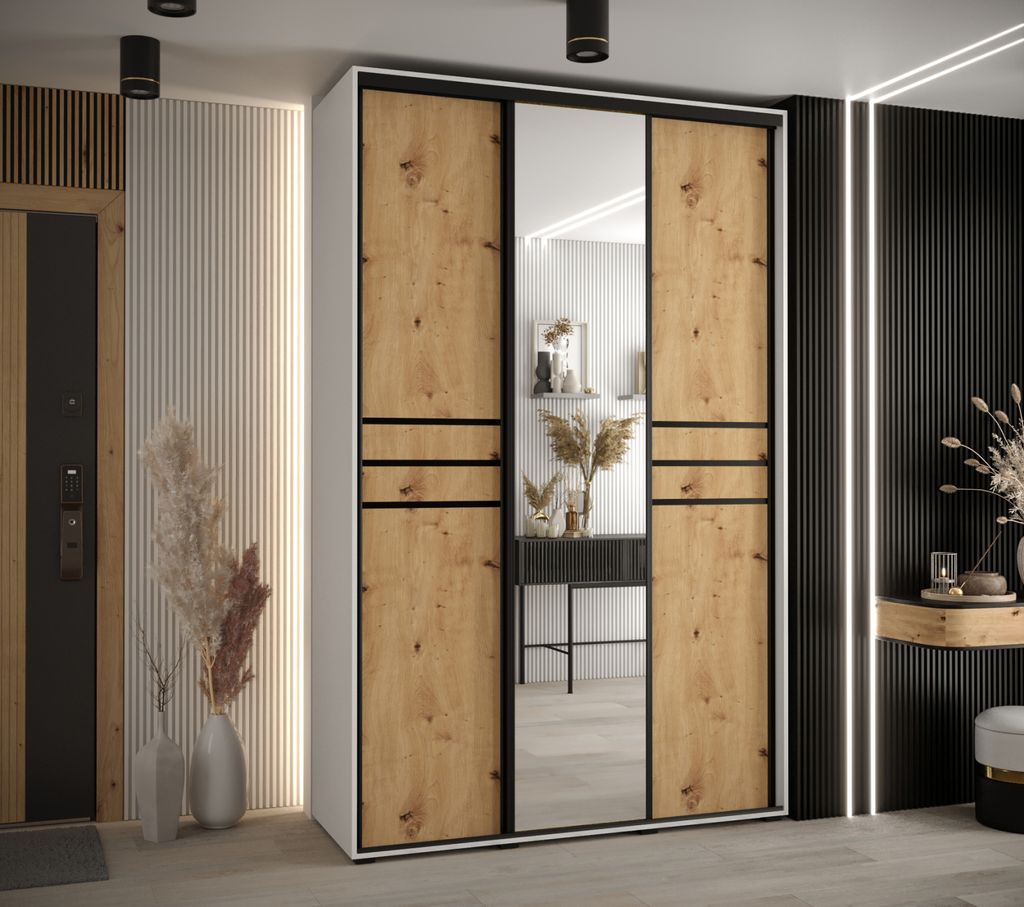 Kleiderschrank ASIRI 11 - 160/45 cm, weiß / Eiche handwerklich / schwarz