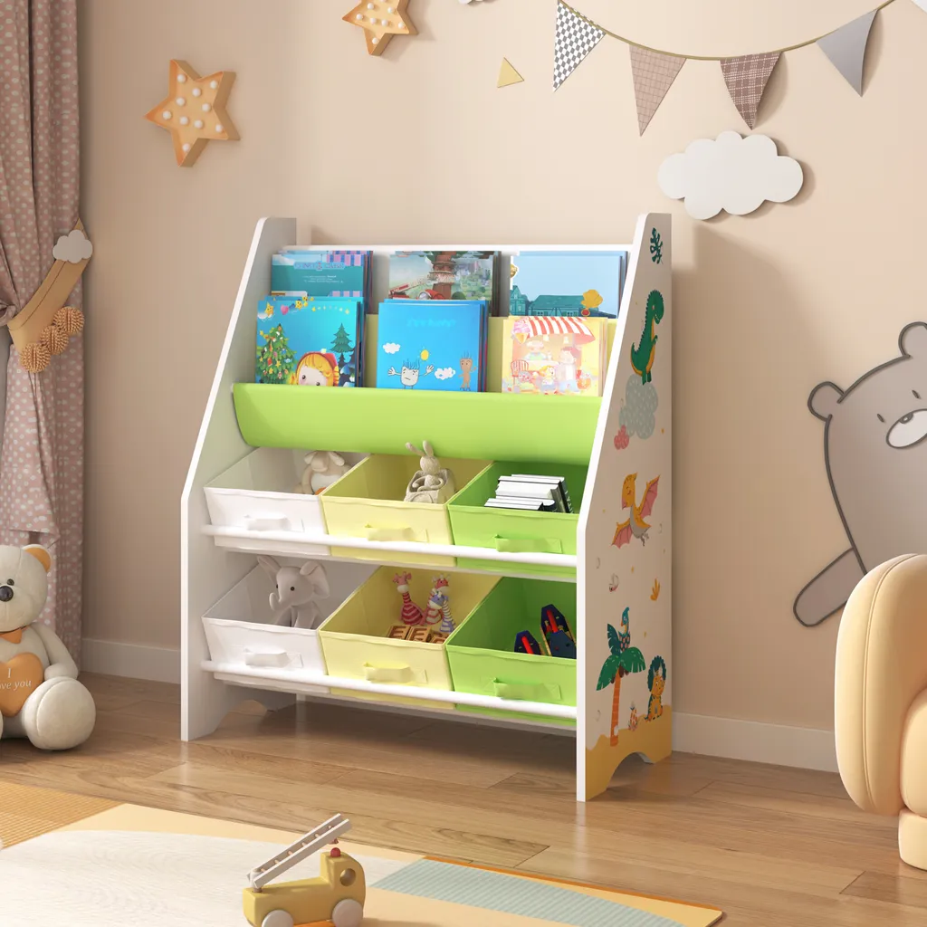 Bibliothèque enfant dinosaure 74cm avec 6 bacs de rangement souples