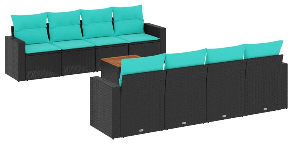 vidaXL 9-tlg. Garten-Sofagarnitur mit Kissen Schwarz Poly Rattan