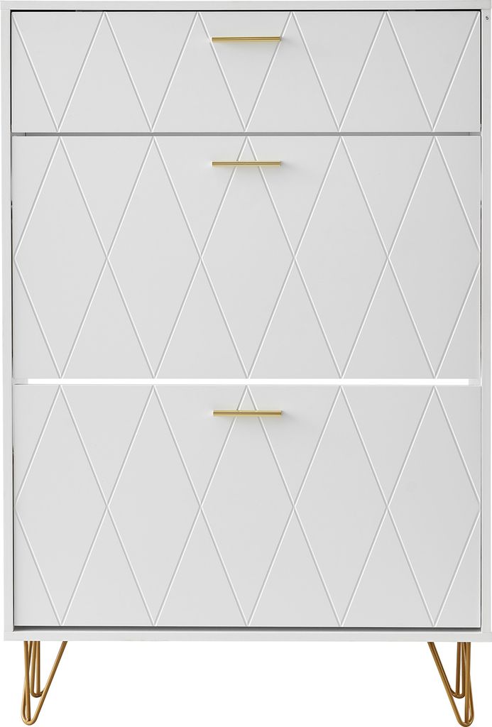 A white shoe cabinet with a diamond pattern on the drawers and gold legs and handles.