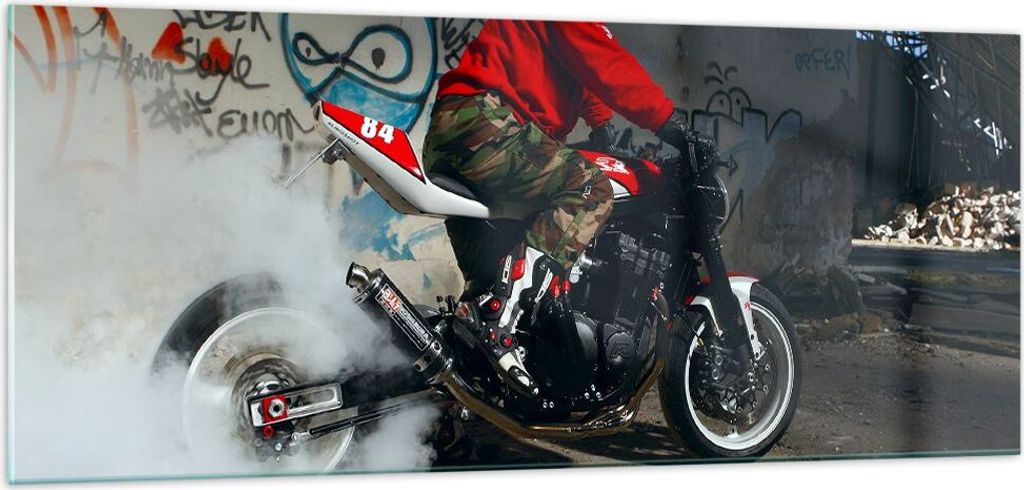 Bilder auf glas - Motorrad motorradfahrer graffiti - 100x40cm - Glasbilder - Wandbilder - Kunstdruck - zum Aufhängen bereit - Wanddekoration aus G...