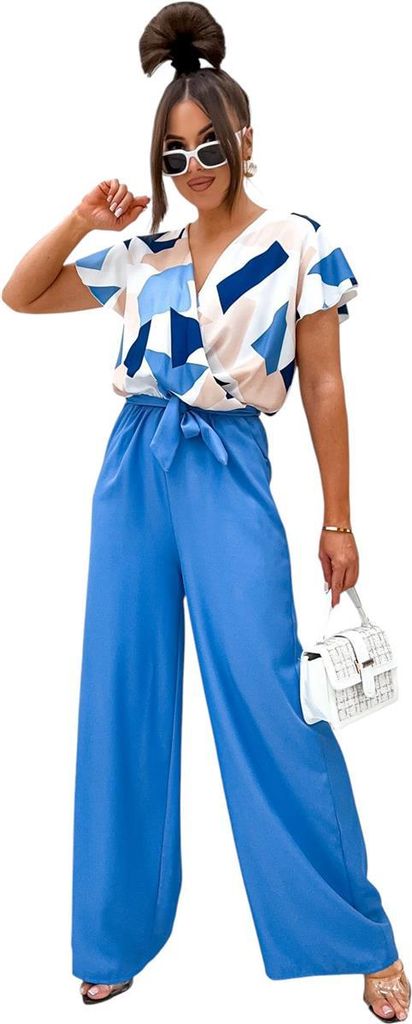 Damen Jumpsuit mit Wickeloberteil Overall Look Blau/L/40