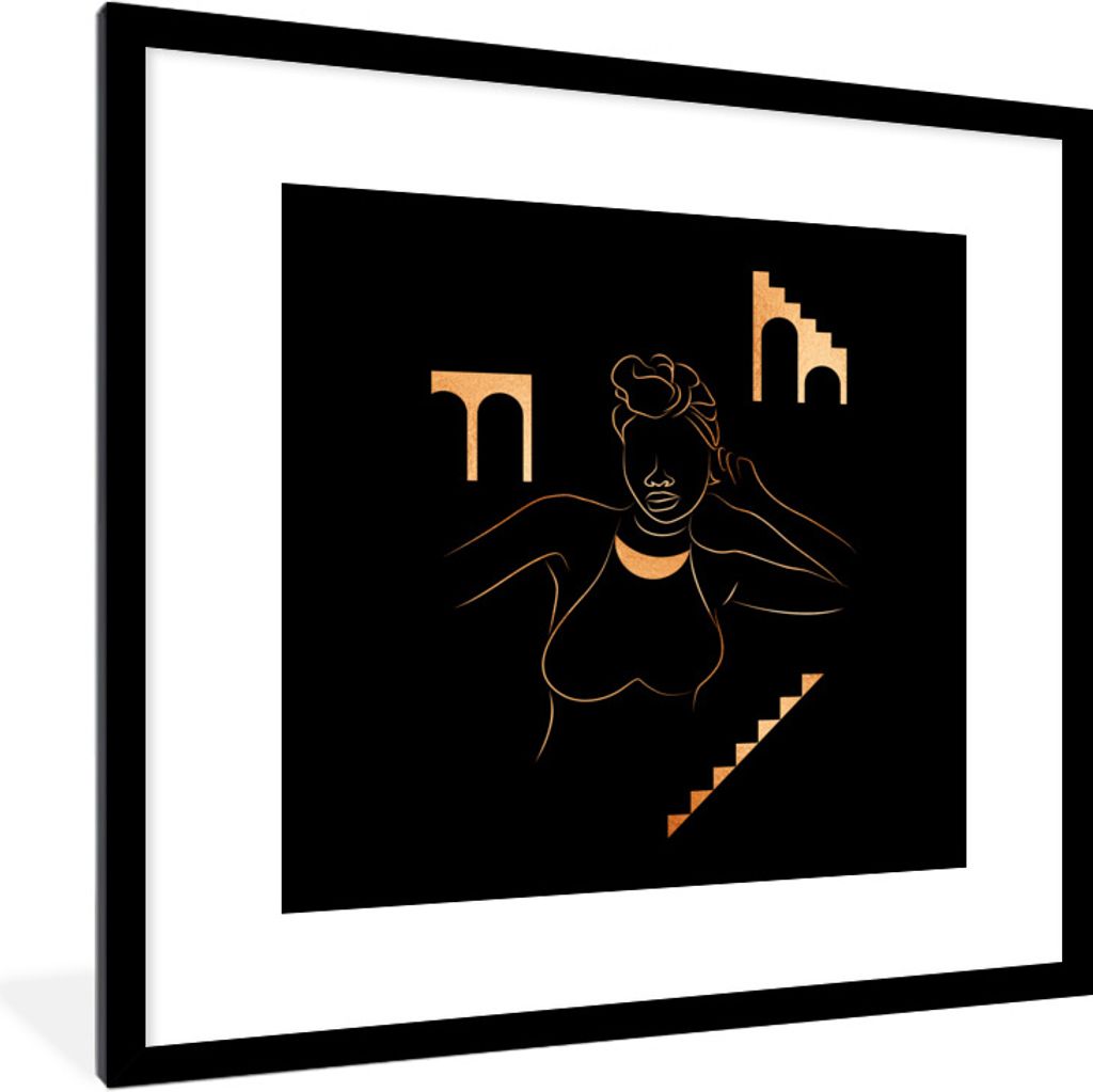 MuchoWow Gerahmtes Poster Frau - Gold - Schwarz - Strichzeichnung 40x40 cm - Poster mit Schwarzem Bilderrahmen Wandposter Rahmen Foto Bilder - Po...