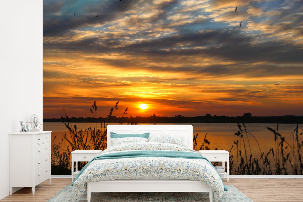 MuchoWow Fototapete für Wohnzimmer oder Schlafzimmer Wandtapete Vinyl Motivtapete Sonnenuntergang - Meer - Horizont - Himmel - Pflanzen - 360x24...