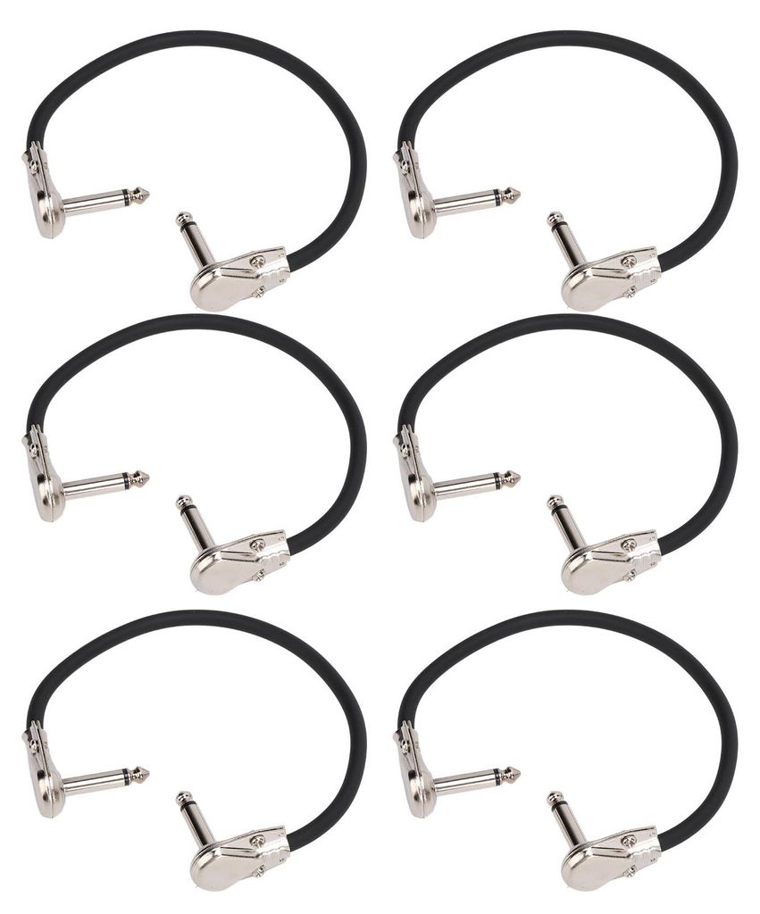 6er-Pack Effektkabel für E-Gitarren, 6,35-mm-Klinkenstecker, rechtwinklig, 30 cm, flacher Stecker, silberfarben