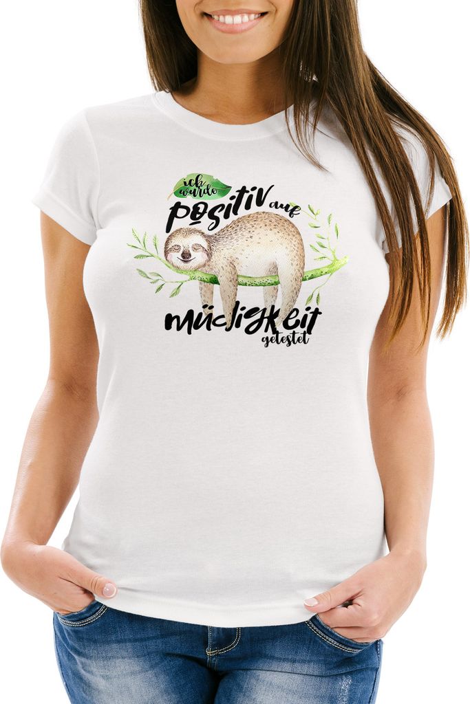 Damen T-Shirt Faultier Ich wurde positiv auf Müdigkeit getestet Sloth Slim Fit Fun-Shirt Moonworks weiß XL