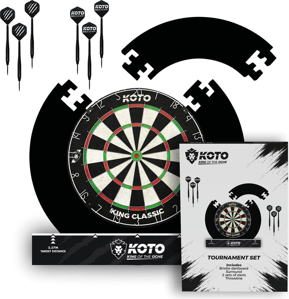 KOTO - Tournament Dartscheibe Set Schwarz, inkl. Surround, 2 Sätze 23 Gramm Darts, Halterung Dartscheibe & Dart Oche