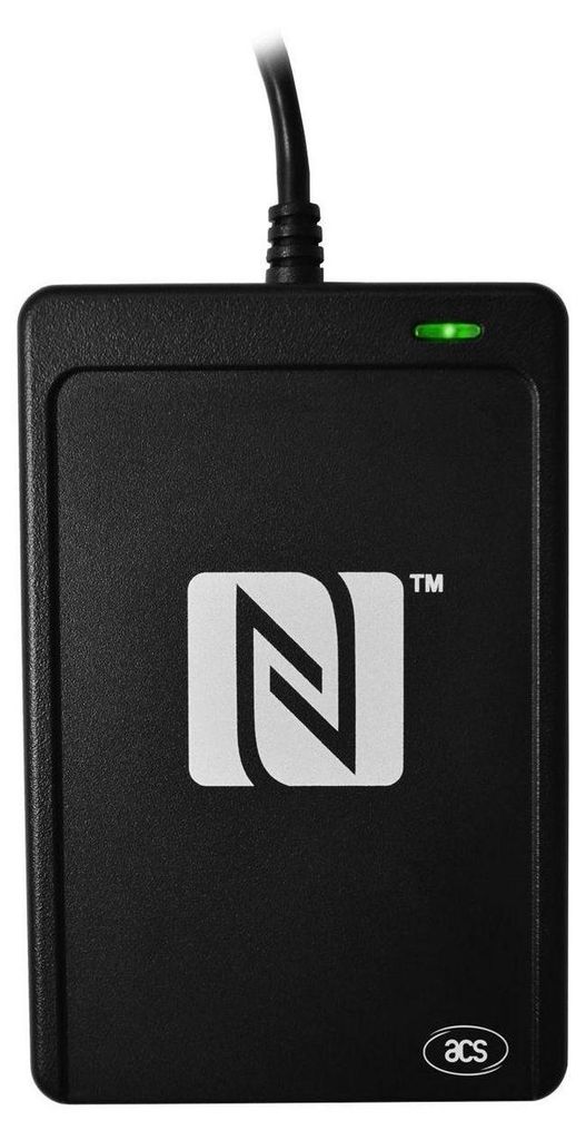 A black NFC card reader with an 'N' logo and a green indicator light.