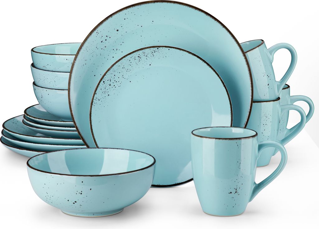 A set of light blue ceramic dishes and mugs with a speckled pattern and dark rims, arranged on a white background.