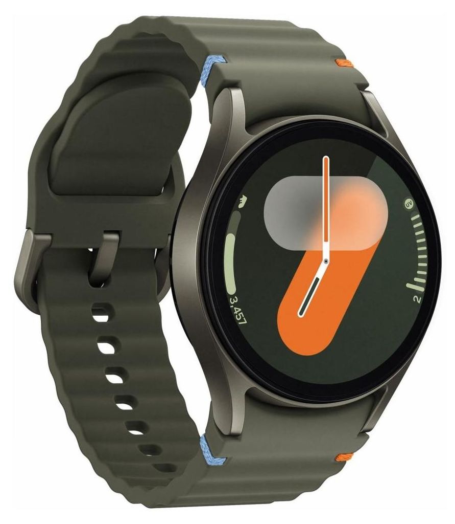 A smartwatch with a green band and a dark gray casing is shown against a light gray background. The watch face displays a colorful graphic and step count.