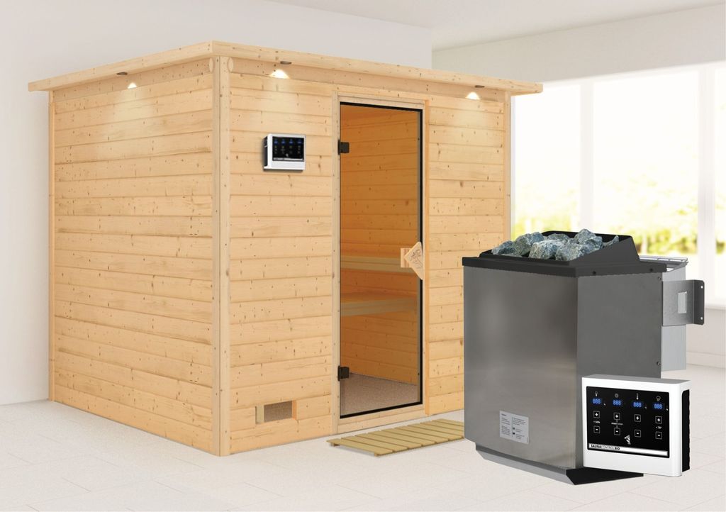 Karibu Sauna Innensauna Sonara Fronteinstieg Ofen 9 kW externe Strg easy 259x210x206 cm mit Dachkranz mit Bronzierter Tür