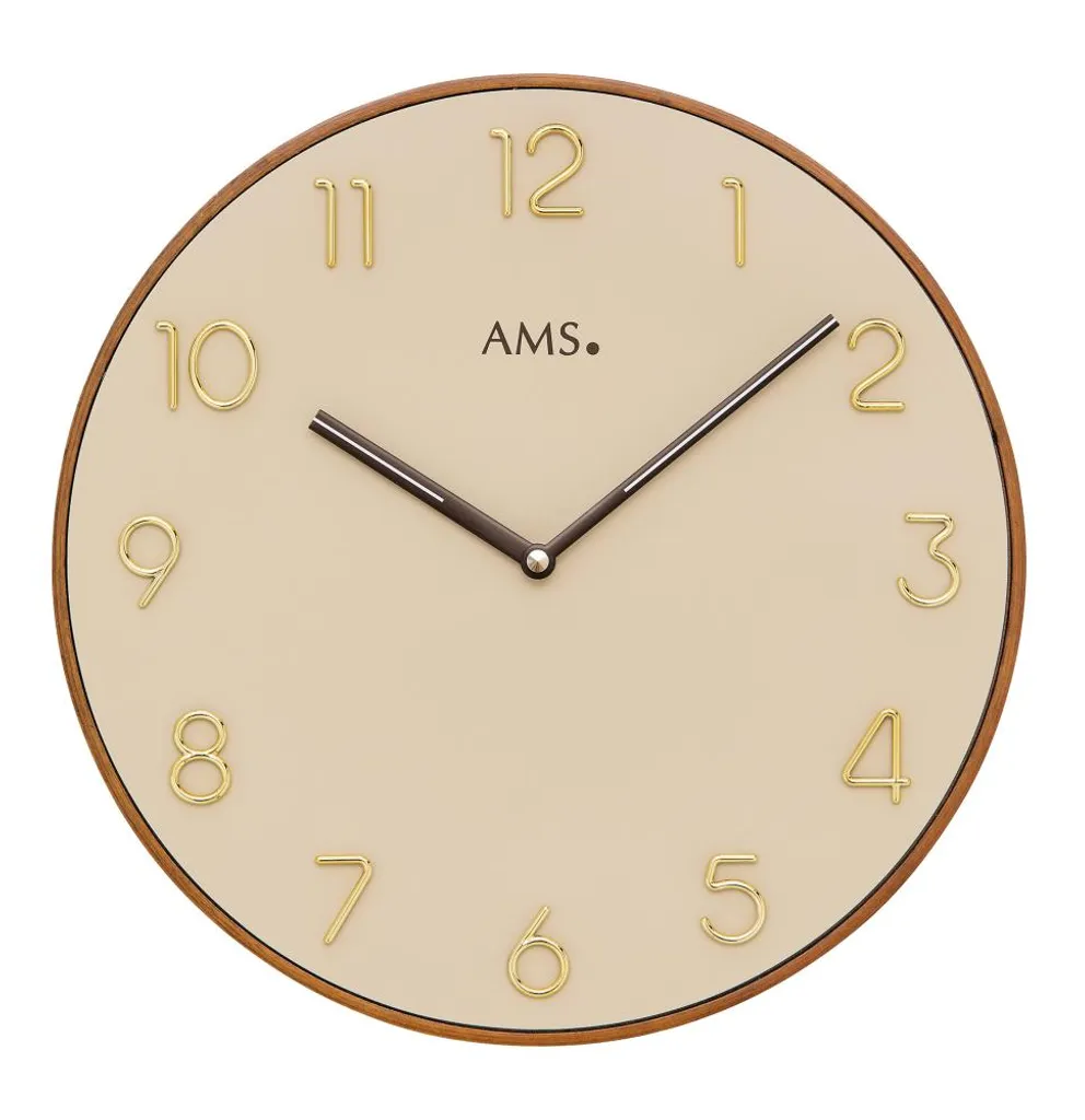 Horloge murale analogique ronde en bois véritable coloris cerisier AMS