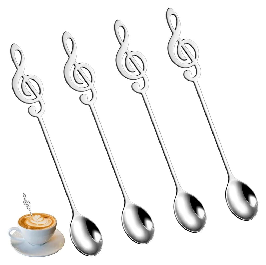 4 Stück Dessertlöffel mit dekorativer Musiknote, kleine Löffel für Kaffee, Tee, Dessert, Eis und Zuhause (Silber)