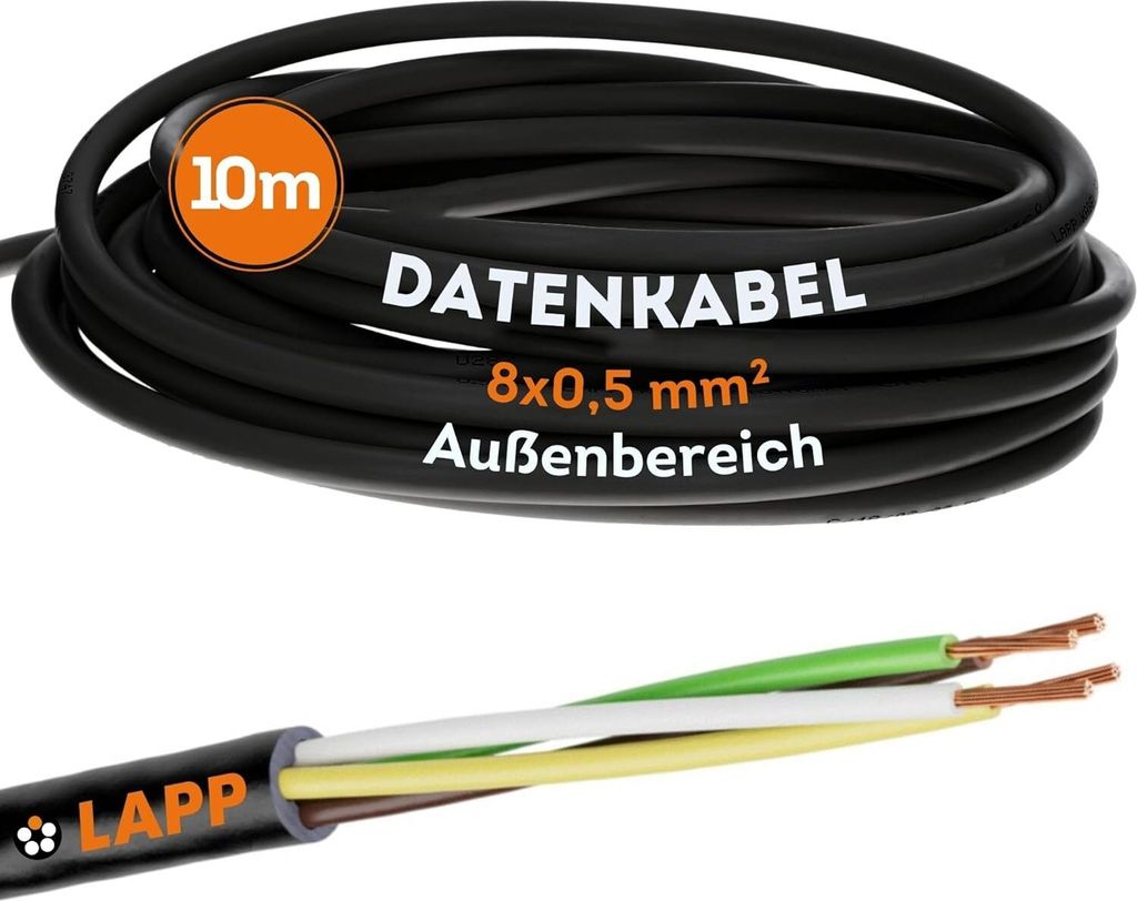 10 Meter Lapp 1030260 LiYY PVC- Steuerleitung 8x0,5 mm² schwarz I LED Kabel 8 adrig I Datenleitung I Signalleitung I lötbares Kabel