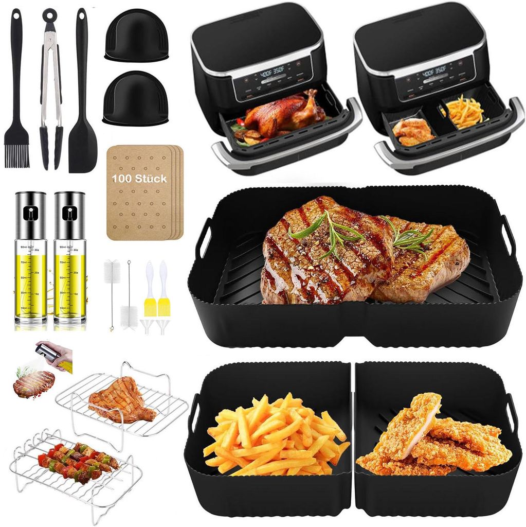 23-tlg. Zubehör Set für Ninja AF500EU,Silikonform 10.4L & 5.2L,2x 100ml Ölsprüher Glas,Grillrost,Backpapier,BPA-frei,Airfryer Zubehör,Schwarz,...