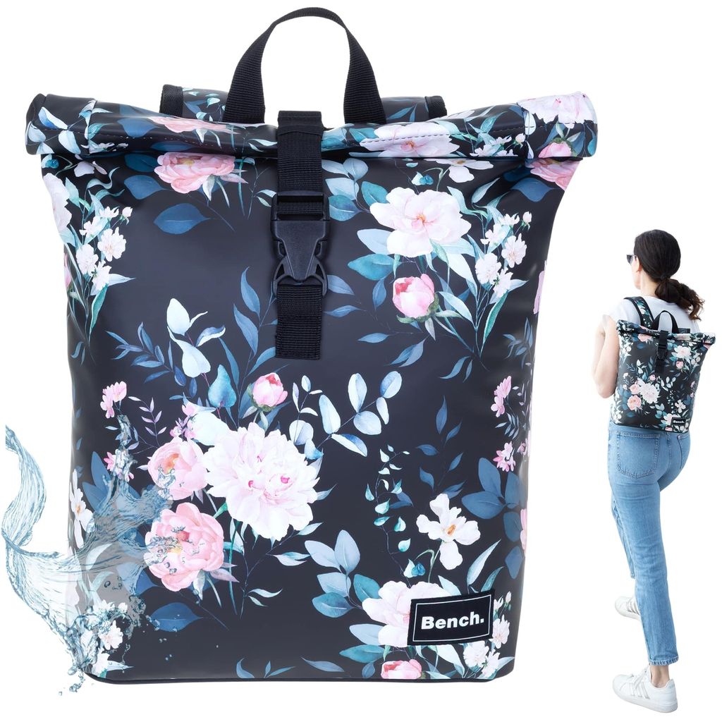 Rucksack Damen Hydro Compact aus Plane wetterfest Freizeitrucksack Outdoor kleines Laptop Fach Daypack Büro Freizeit 64222 9801 Schwarz Flower + Etui