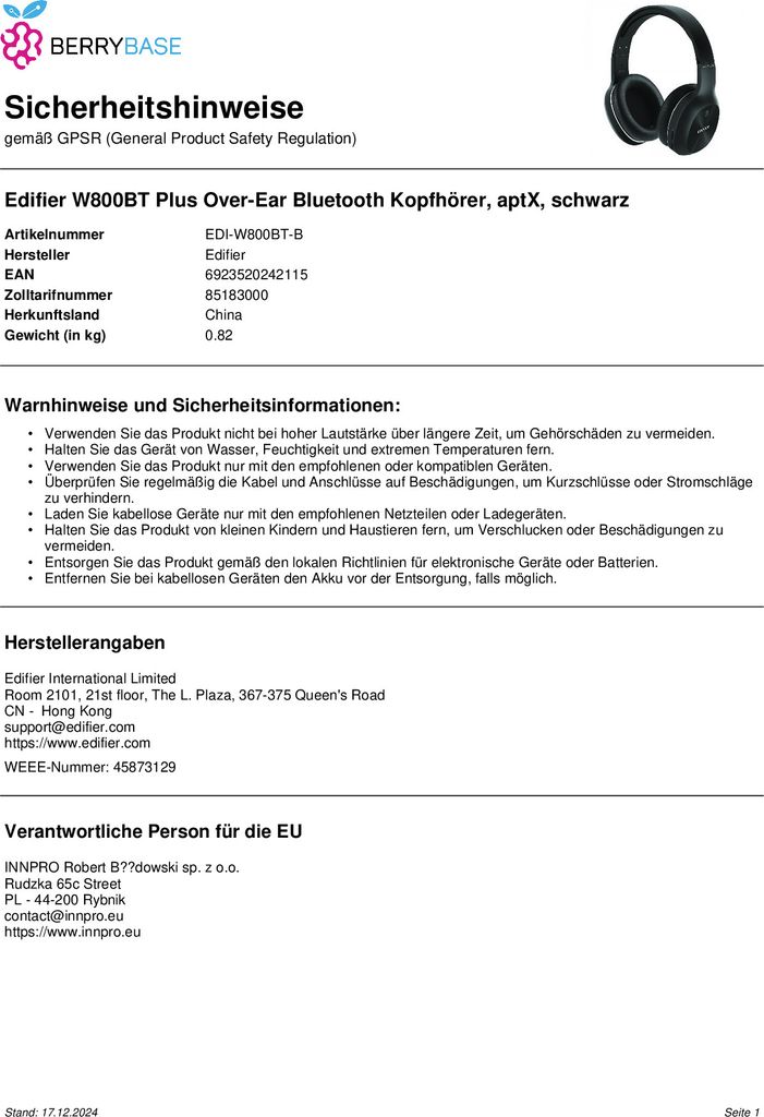EDIFIER bezdrátové sluchátka W800BT Plus, Czarna Zdjęcie produktu 9
