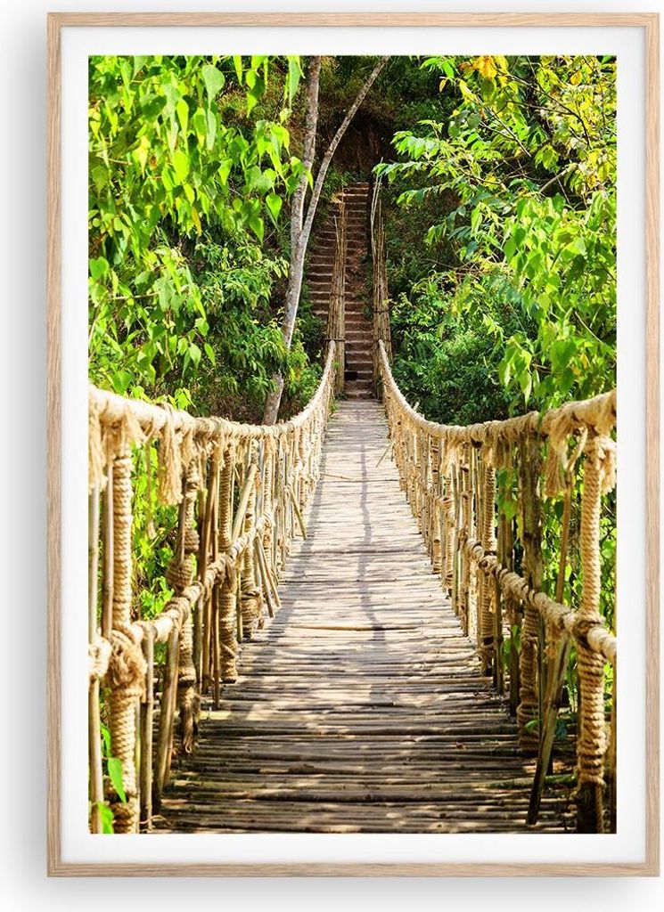 Gerahmtes Poster - Rahmen in heller Eiche - Brücke Seil Dschungel - 70x100 cm - Wand Bild - Wanddeko - Wandbilder - Wandposter - Bilderrahmen - Bi...