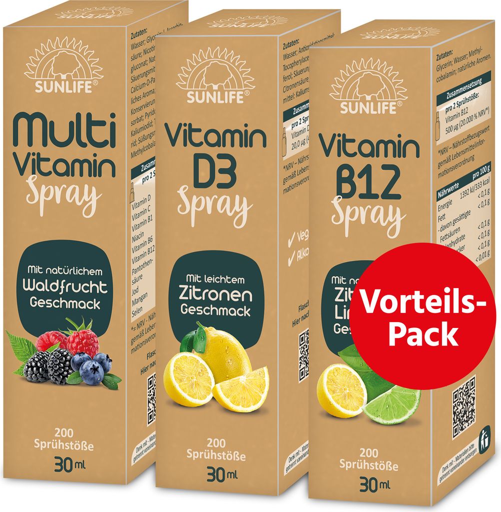 SUNLIFE Vorteils-Pack Mix Vitamin B12 + D3 + Multivitamin Spray Immunsystem Knochen Zähne Energie Nervensystem