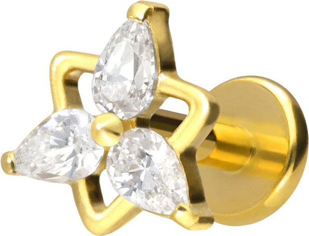 Ohrpiercing, Nasenpiercing Titan Labret mit Innengewinde KRISTALLBLUME Gold Stablänge: 5mm | Stabstärke: 1,2mm