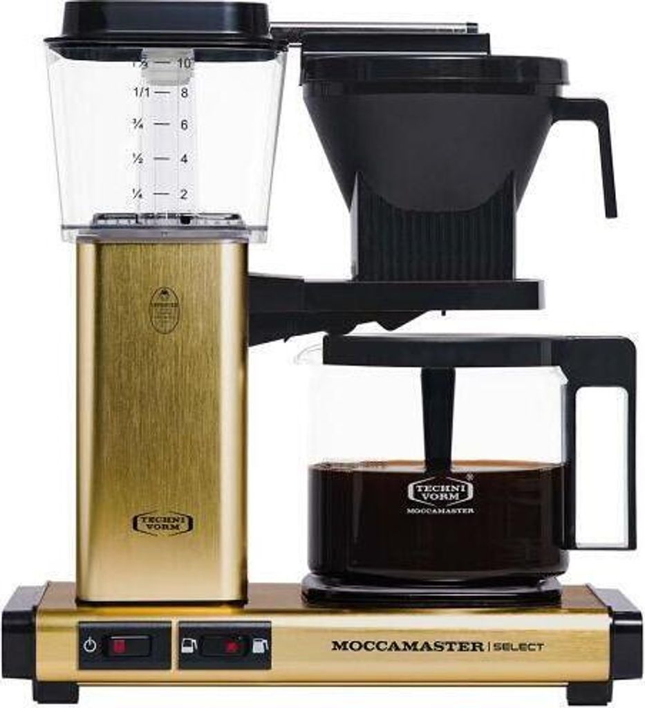 A gold Moccamaster coffee maker.