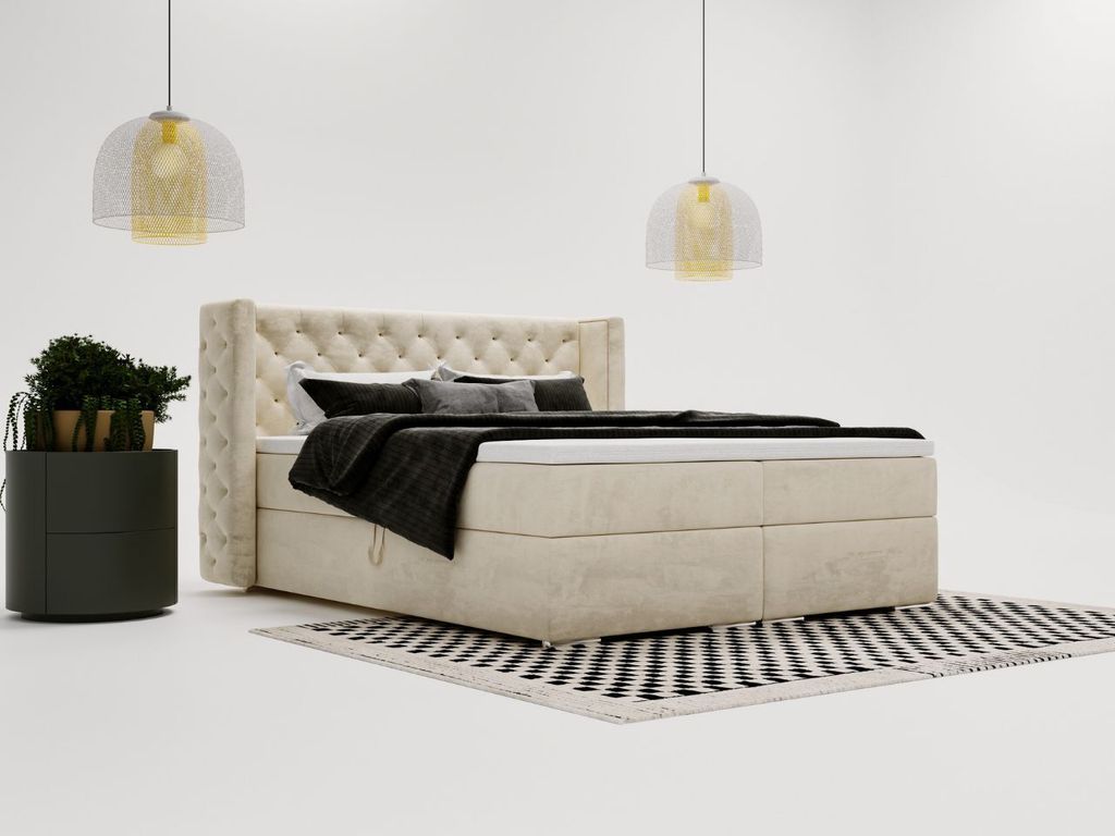 GrainGold Boxspringbett Lion 140x200 - Bett mit Matratze und Topper - Boxspringbett mit Bettkasten und Matratze - Boxspringbett Creme (Magic Velvet...