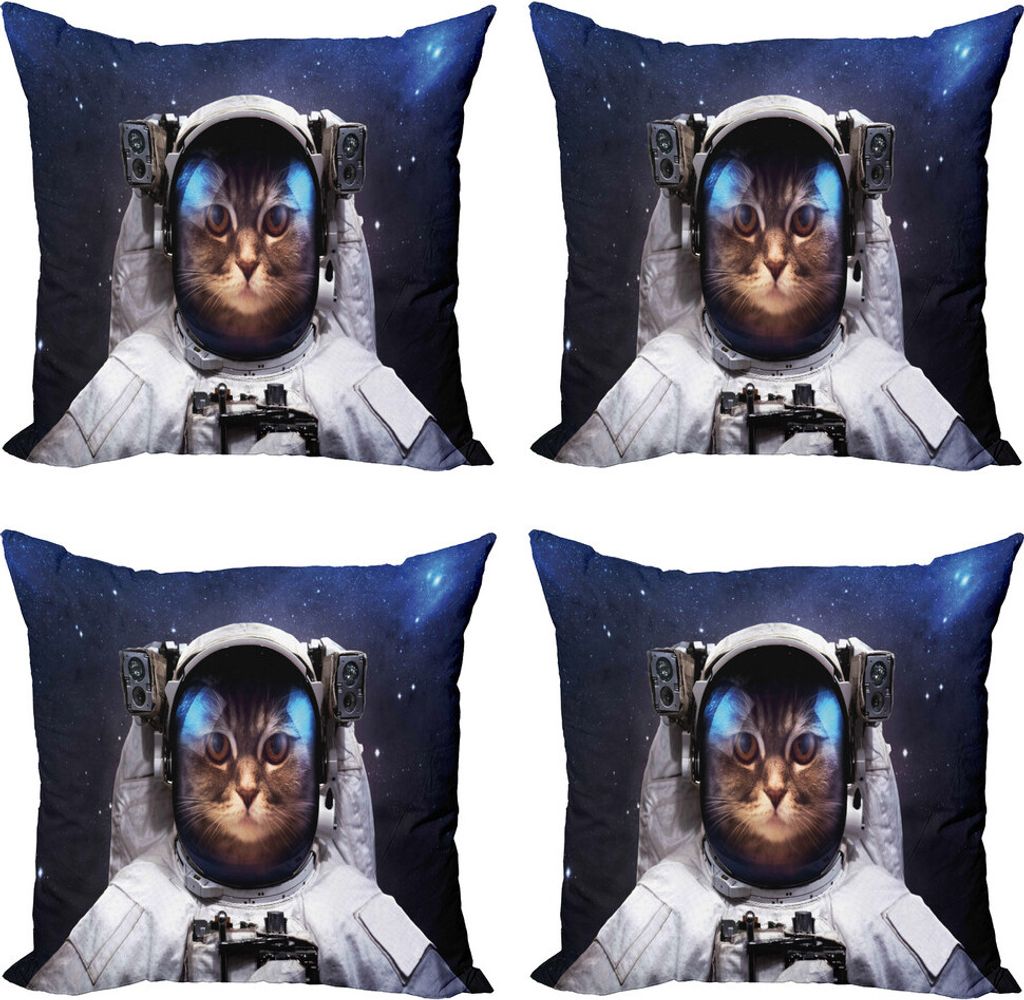ABAKUHAUS Raum-Katze Kissenbezug Set (4 Stück), Kitty Anzug in Cosmos, Moderner Doppelseitiger Digitaldruck, 50 cm x 50 cm, Marine-Blau und Weiß