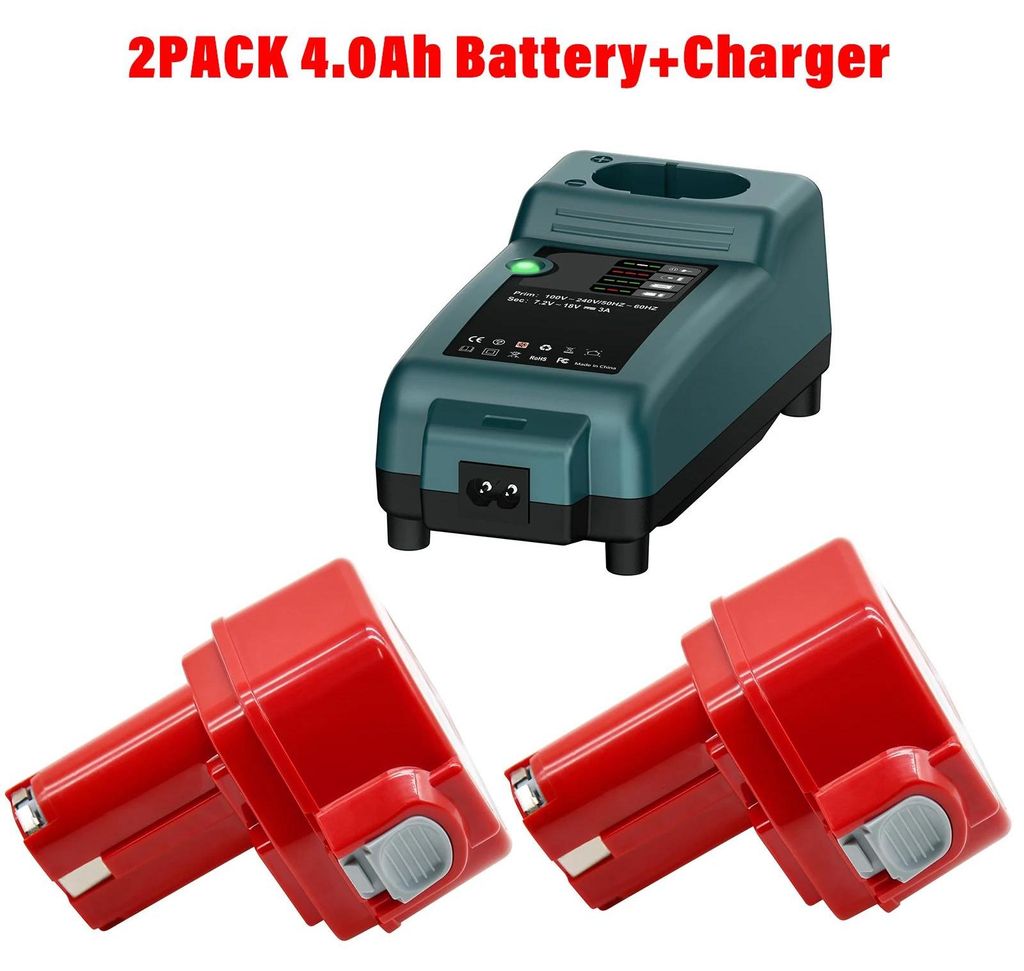 12V Akku-Set für Bohrschrauber & Elektrowerkzeuge - Ni-Cd - Zwei Akkus 4,0Ah + Ladegerät - Kompatibel mit PA12 1220 1222 1233 1235 - Grün