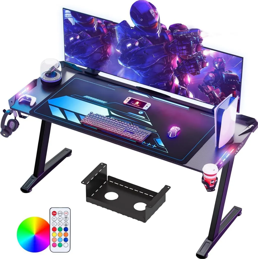 Bureau Gamer 160 cm : Fini le Désordre avec Gestion Câbles et LED Noir