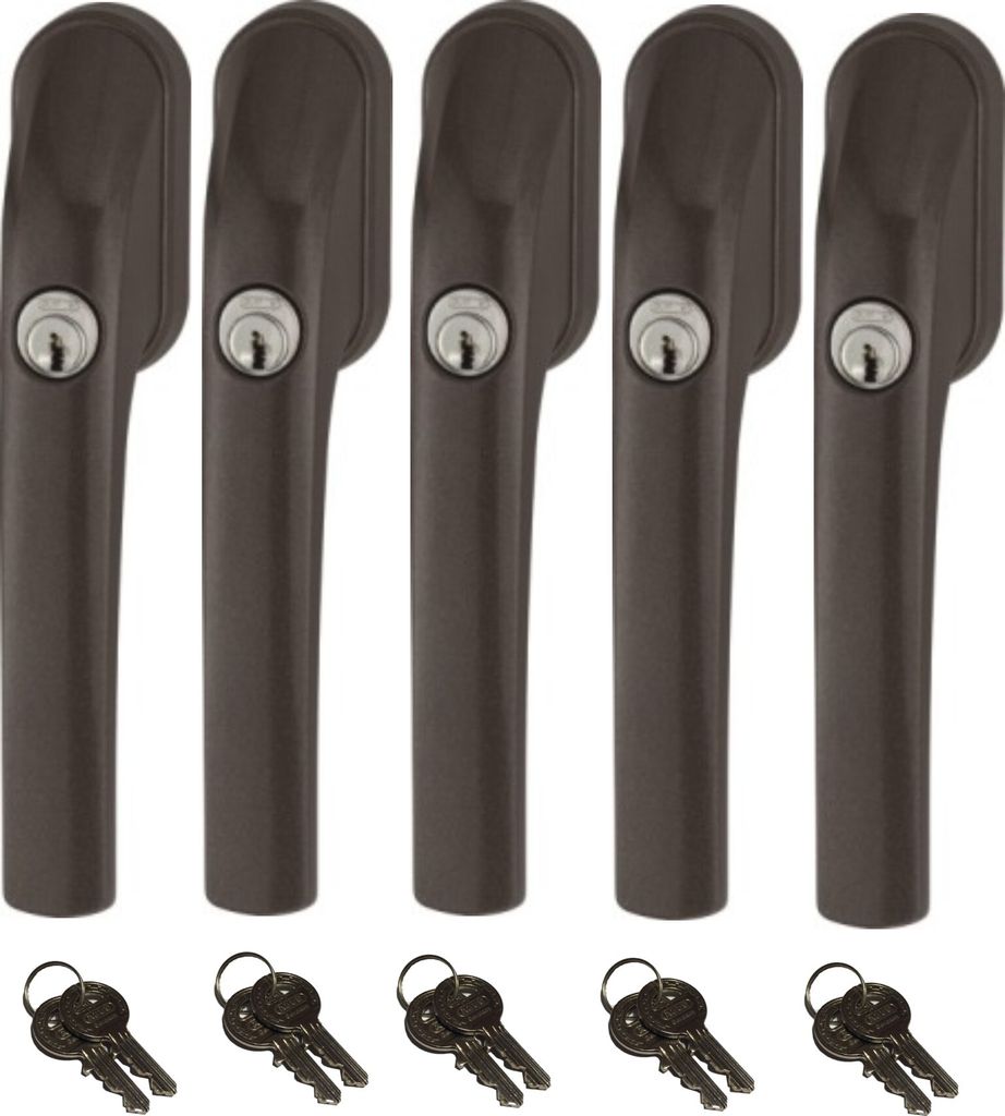 Five brown window handles with silver keyholes are arranged in a row, with five sets of keys below them.