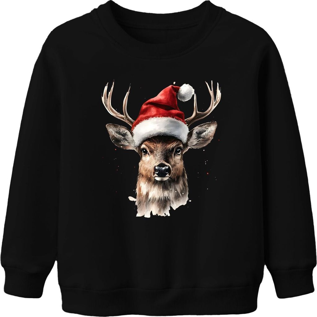 Weihnachtsrentier Geweih Santa Hut Aquarell Weihnachten Geschenk Uni Kinder Sweatshirt Pullover, Schwarz, 152