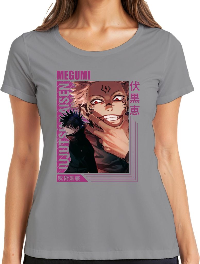 Jujutsu Kaisen Sukuna Megumi Anime Ästhetik Fluch düster Geschenk Damen T-Shirt, Grau, L