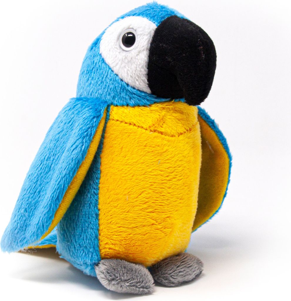 A plush toy parrot is shown against a white background.