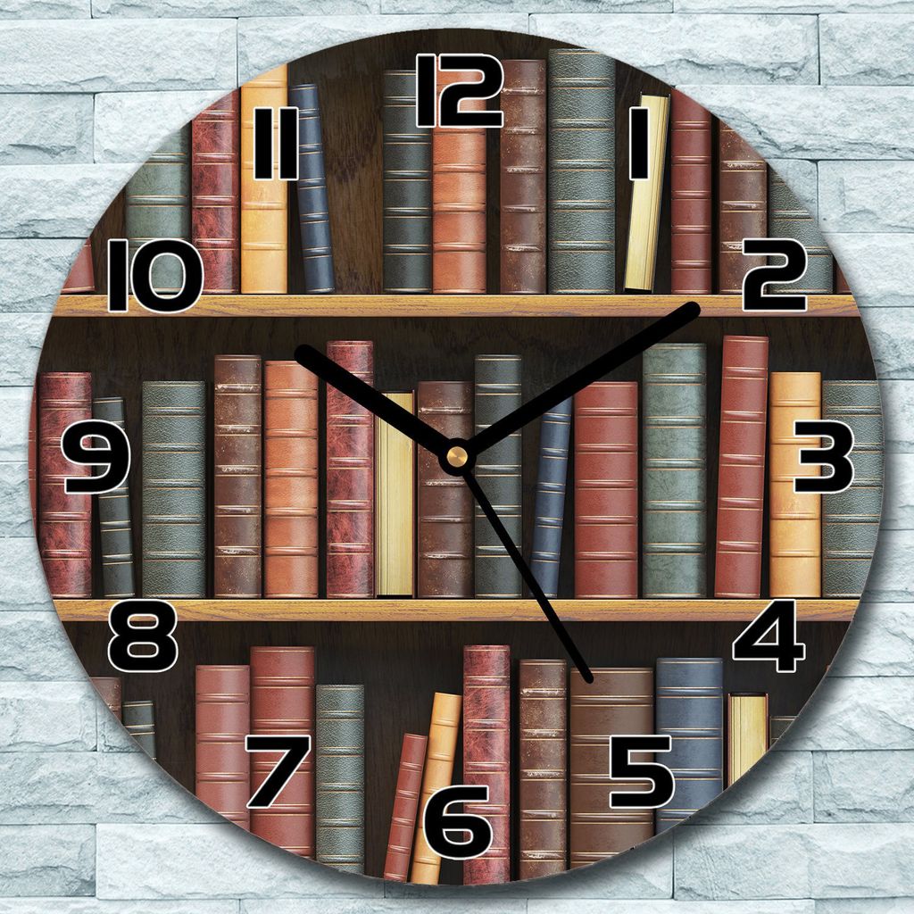 Wanduhr aus Glas Rund fi 30 Alte Bücher Regal Quarz Deko Schlafzimmer Büro