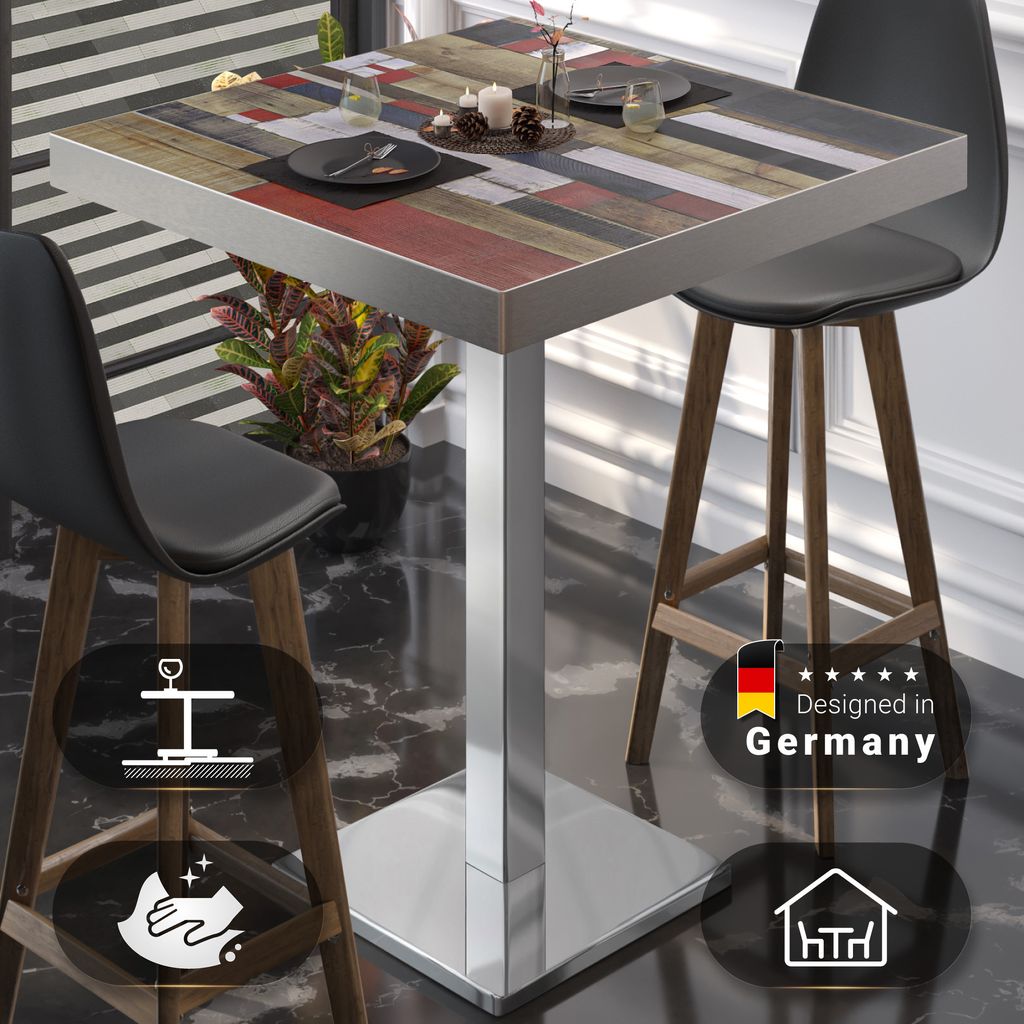 BM | Bistro Stehtisch | 60 x 60 x 110 cm | Quadratisch | Edelstahl Rand | Vintage Bunt / Edelstahl | Gastro Steh Tisch Restaurant