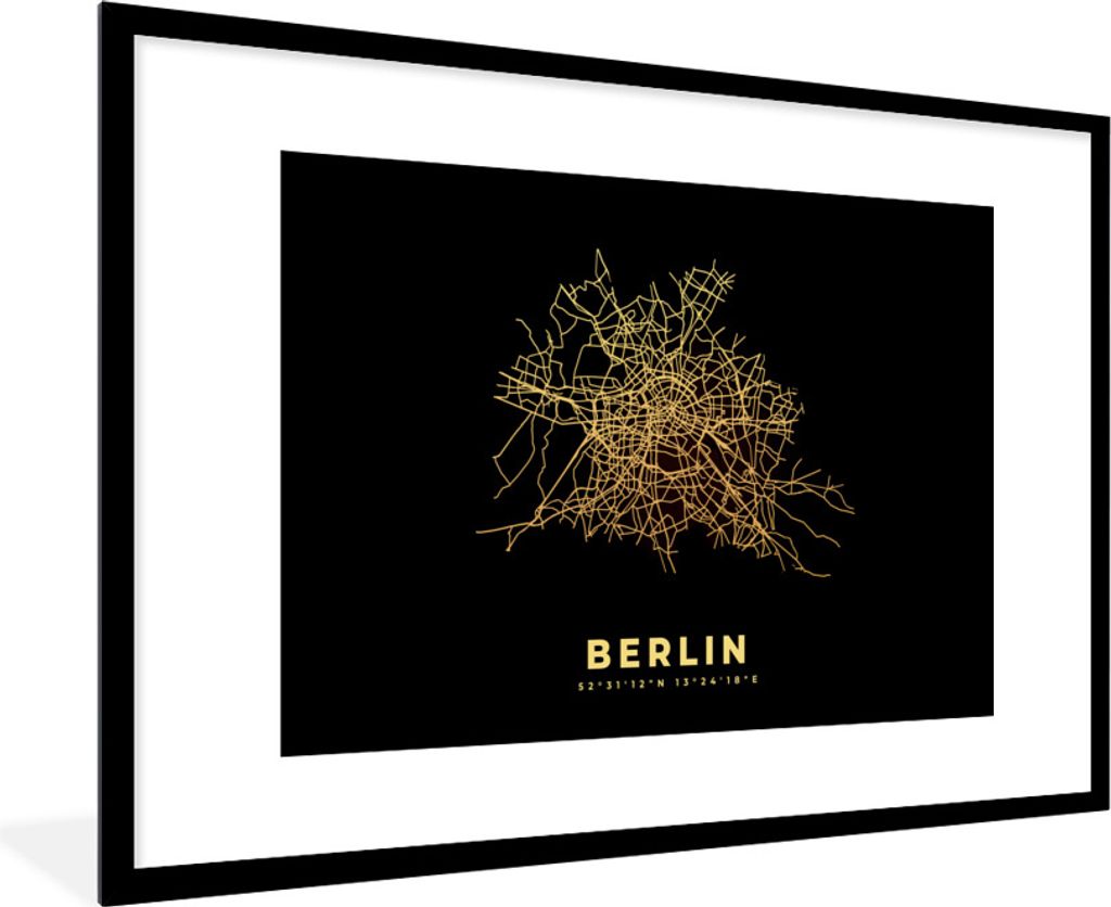 MuchoWow Gerahmtes Poster Berlin - Gold - Karte - Stadtplan - Karte 90x60 cm - Poster mit Schwarzem Bilderrahmen Wandposter Rahmen Foto Bilder - ...
